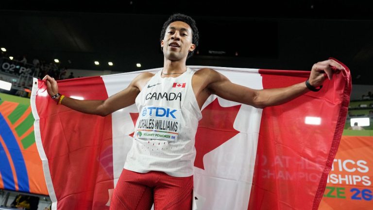 Christopher Morales Williams, of Canada, poses after winning the gold medal in the men's 400 meters final at the World Athletics Indoor Championships in Torun, Poland, Saturday, March 21, 2026. (Matthias Schrader/AP)