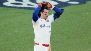 Toronto Blue Jays third base Ernie Clement (22) reacts after flying out during ninth inning Game 7 World Series playoff MLB baseball action against the Los Angeles Dodgers. (Chris Young/THE CANADIAN PRESS)