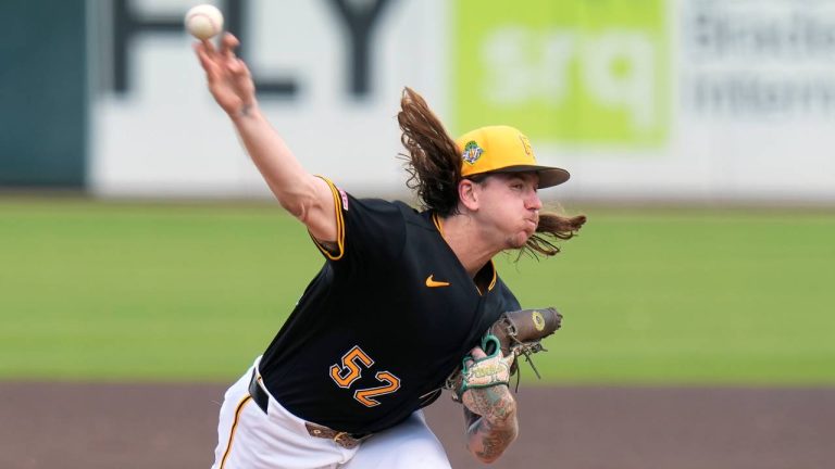 Pittsburgh Pirates pitcher Mike Clevinger (52) delivers to the Tampa Bay Rays during the first inning of a spring training baseball game Monday, March 2, 2026, in Bradenton, Fla. (Chris O'Meara/AP)