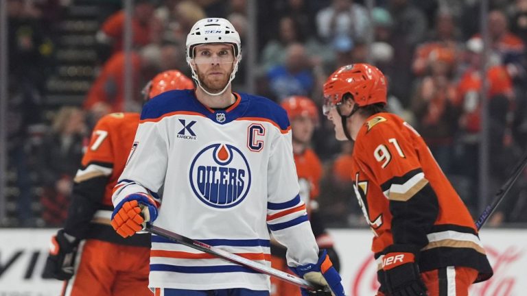 Edmonton Oilers centre Connor McDavid looks on during the second period of an NHL hockey game against the Anaheim Ducks Wednesday, Feb. 25, 2026, in Anaheim, Calif. (Gregory Bull/AP)