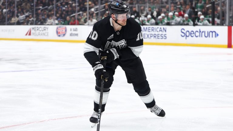 Los Angeles Kings right wing Corey Perry skates with the puck during the second period of an NHL game against the Dallas Stars, Monday, Jan. 12, 2026, in Los Angeles. (AP/Jessie Alcheh)