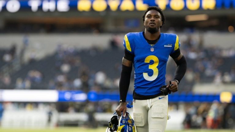 Los Angeles Rams safety Kam Curl (3) jogs back to the locker room before an NFL football game against the Detroit Lions, Sunday, Dec. 14, 2025, in Inglewood, Calif. (Kyusung Gong/AP)