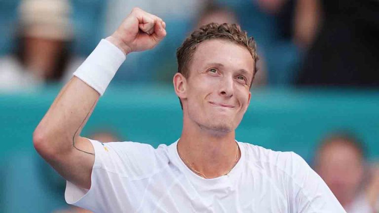 Jiri Lehecka of the Czech Republic celebrates after winning a semifinal match against Arthur Fils of France, at the Miami Open tennis tournament, Friday, March 27, 2026, in Miami Gardens, Fla. (Rebecca Blackwell/AP)