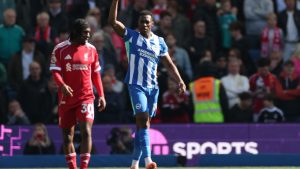 Brighton's Danny Welbeck celebrates after scoring during the English Premier League soccer match between Brighton and Liverpool in Brighton, Saturday, March 21, 2026. (Ian Walton/AP)