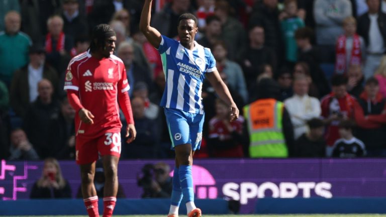 Brighton's Danny Welbeck celebrates after scoring during the English Premier League soccer match between Brighton and Liverpool in Brighton, Saturday, March 21, 2026. (Ian Walton/AP)