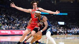 Oklahoma City Thunder guard Shai Gilgeous-Alexander (2) drives against Chicago Bulls guard Josh Giddey (3) during the first half of an NBA basketball game Friday, March. 27, 2026, in Oklahoma City. (Gerald Leong/AP)