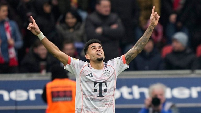 Bayern's Luis Diaz celebrates after scoring his side's opening goal during a German Bundesliga soccer match between Bayer Leverkusen and Bayern Munich in Leverkusen, Germany, Saturday, March 14, 2026. (Martin Meissner/AP)