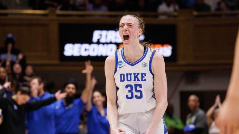 Duke's Toby Fournier reacts after hitting a three-point basket against Baylor during the first half in the second round of the NCAA college basketball tournament, Sunday, March 22, 2026 in Durham, N.C. (AP/Ben McKeown)
