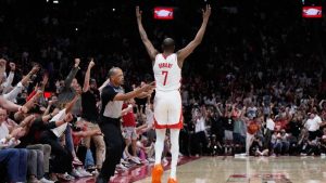 Houston Rockets forward Kevin Durant (7) reacts after winning against the Miami Heat in an NBA basketball game in Houston, Saturday, March 21, 2026. (Ashley Landis/AP)