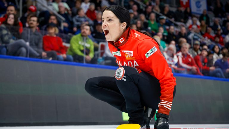 Team Canada skip Kerri Einarson yells to her sweepers against Switzerland at the World Women's Curling Championship in Calgary, Tuesday, March 17, 2026. (Jeff McIntosh/CP)