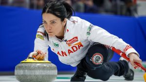 Team Canada skip Kerri Einarson delivers a stone against the Norway at the World Women's Curling Championship in Calgary, Thursday, March 19, 2026. (Jeff McIntosh/CP)