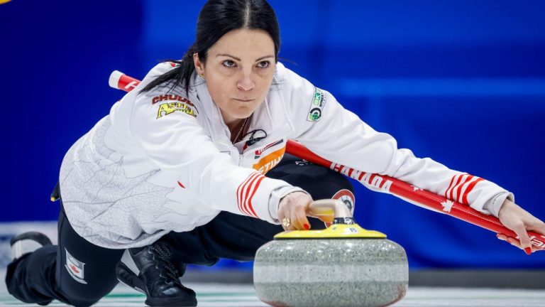 Team Canada skip Kerri Einarson makes a shot against Sweden at the World Women's Curling Championship in Calgary, Saturday, March 14, 2026. (Jeff McIntosh/THE CANADIAN PRESS)