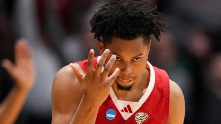 Miami (Ohio) guard Eian Elmer reacts after scoring during the first half of a First Four college basketball game against SMU in the NCAA Tournament in Dayton, Ohio, Wednesday, March 18, 2026. (Jeff Dean/AP)