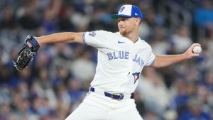 Toronto Blue Jays pitcher Eric Lauer (56) pitches against the Athletics during first inning American League baseball action in Toronto on Sunday, March 29, 2026. (Nathan Denette/CP)