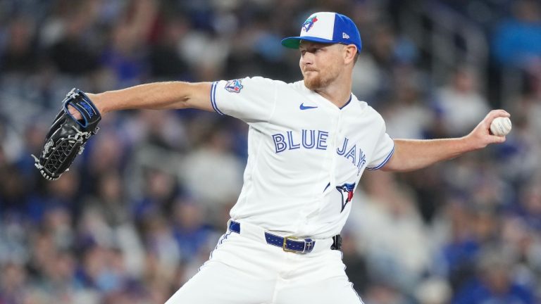 Toronto Blue Jays pitcher Eric Lauer (56) pitches against the Athletics during first inning American League baseball action in Toronto on Sunday, March 29, 2026. (Nathan Denette/CP)