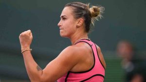 Aryna Sabalenka, of Belarus, reacts after winning a game against Linda Noskova, of the Czech Republic, during a semifinal match at the BNP Paribas Open tennis tournament, Friday, March 13, 2026, in Indian Wells, Calif. (Mark J. Terrill/AP)