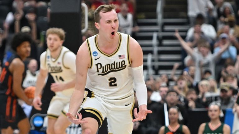 Purdue's Fletcher Loyer (2) celebrates during the first half in the second round of the NCAA college basketball tournament against Miami, Sunday, March 22, 2026, in St. Louis. (Ali Overstreet/AP)
