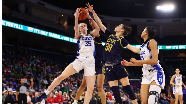 Duke forward Toby Fournier (35) grabs a rebound against Notre Dame forward Gisela Sanchez (30) during the first half of an NCAA college basketball game in the semifinals of the Atlantic Coast Conference tournament, Saturday, March 7, 2026, in Duluth, Ga. (Colin Hubbard/AP Photo)