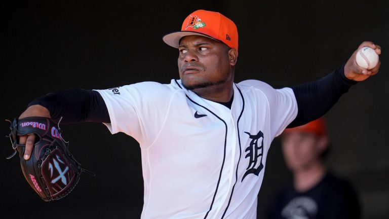 Detroit Tigers pitcher Framber Valdez throws during workouts at spring training baseball, Thursday, Feb. 19, 2026, in Lakeland. (Mike Stewart/AP)