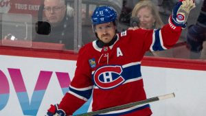Montreal Canadiens' Brendan Gallagher reacts as he is acknowledged for his 900th NHL game during first period action against the Boston Bruins in Montreal on Tuesday, March 17, 2026. (Christinne Muschi/CP)