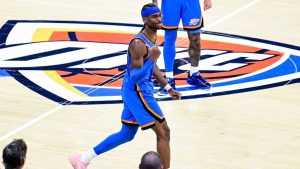 Oklahoma City Thunder guard Shai Gilgeous-Alexander (2) gestures during the second half of an NBA basketball game against the Denver Nuggets Monday, March 9, 2026, in Oklahoma City. (Gerald Leong/AP)