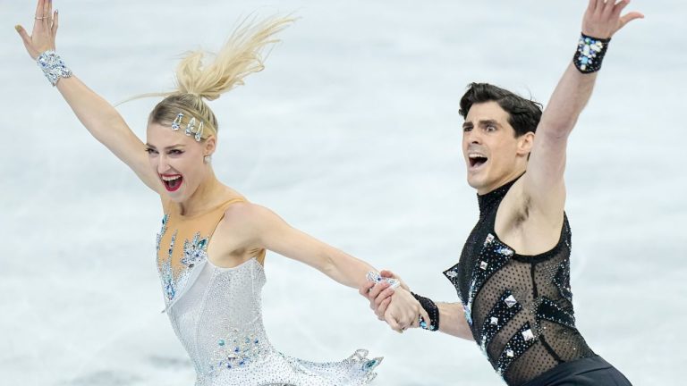 Piper Gilles and Paul Poirier from Canada perform during the ice dance rhythm dance at the Figure Skating World Championships in Prague, Czech Republic, Friday, March 27, 2026. (Petr David Josek/AP)