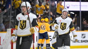 Vegas Golden Knights right wing Pavel Dorofeyev, right, after a score by the Nashville Predators in an NHL hockey game Saturday, March 21, 2026, in Nashville, Tenn. (John Amis/AP)