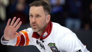 Brad Gushue calls to his team during the 3v4 Page Playoffs at the Montana's Brier Canadian men's curling championship, in St. John's, N.L., on Saturday, March 7, 2026. (Paul Daly/THE CANADIAN PRESS)