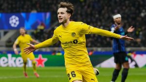 Glimt's Hakon Evjen celebrates after scoring his side's second goal during a Champions League playoff soccer match between Inter Milan and Bodo Glimt, at the San Siro stadium in Milan, Italy, Tuesday, Feb.24, 2026. (Luca Bruno/AP)