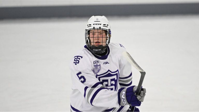St. Thomas defenceman Hayes Hundley skates to the puck against Lake Superior State during an NCAA hockey game on Friday, Dec. 5, 2025 in St. Paul, Minn. (Craig Lassig/AP)