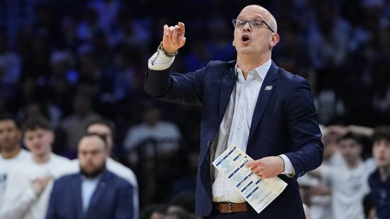UConn head coach Dan Hurley calls out to his team during the first half in the second round of the NCAA college basketball tournament against UCLA, Sunday, March 22, 2026, in Philadelphia. (Matt Rourke/AP)