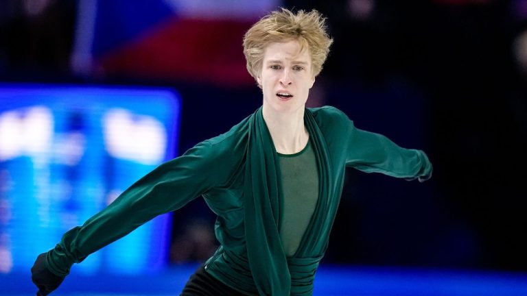 Stephen Gogolev from Canada competes during the men free skating at the Figure Skating World Championships in Prague, Czech Republic, Saturday, March 28, 2026. (Petr David Josek/AP)