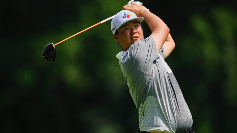 Sungjae Im, of South Korea, hits from the seventh tee during the second round of the BMW Championship golf tournament, Friday, Aug. 15, 2025, in Owings Mills, Md. (AP/Nick Wass)