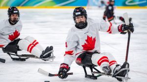 James Dunn during the match against Japan in the Para ice hockey preliminaries at the 2026 Paralympic Games in Milan, Italy on Tuesday March 9, 2026. (Matte Cogliati/CP/Handout/Canadian Paralympic Committee)
