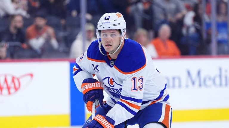 Edmonton Oilers' Mattias Janmark plays during an NHL hockey game, Saturday, Feb. 22, 2025, in Philadelphia. (Matt Slocum/AP)