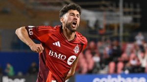Toronto FC's Jonathan Osorio celebrates a goal against CF Montreal during second half MLS soccer action in Toronto on Saturday, August 30, 2025. (Jon Blacker/CP)