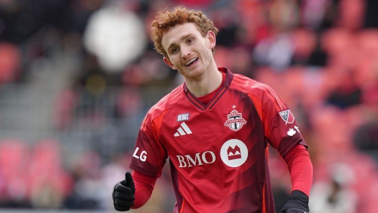 Toronto FC forward Josh Sargent (9) gestures as he makes his debut for the club during second half MLS action against New York Red Bulls, in Toronto, Saturday, March 14, 2026. (Chris Young/CP)