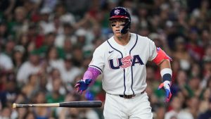 United States' Aaron Judge tosses his bat after being walked during the fourth inning of a World Baseball Classic game against Mexico, Monday, March 9, 2026, in Houston. (Ashley Landis/AP)