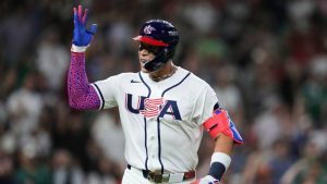 United States' Aaron Judge celebrates after hitting a two-run home run during the third inning of a World Baseball Classic game against Mexico, Monday, March 9, 2026, in Houston. (Ashley Landis/AP)