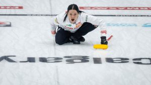 Team Canada skip Kerri Einarson directs her teammates as she plays Turkey at the World Women’s Curling Championship in Calgary, Wednesday, March 18, 2026. (Jeff McIntosh/CP)