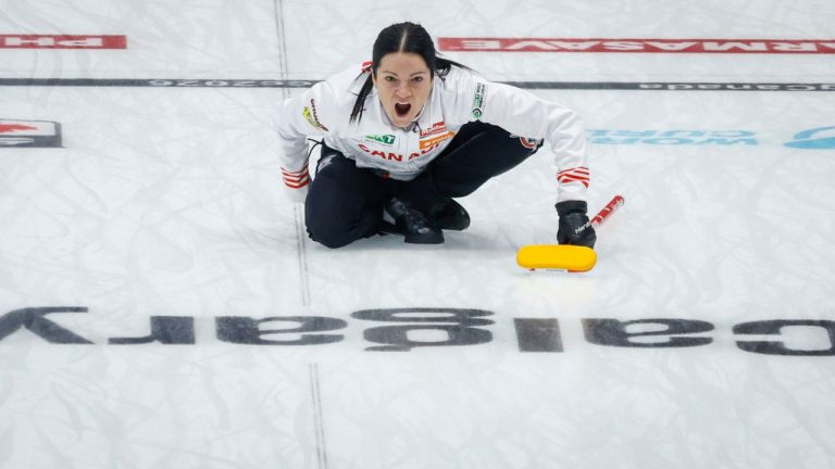 Team Canada skip Kerri Einarson directs her teammates as she plays Turkey at the World Women’s Curling Championship in Calgary, Wednesday, March 18, 2026. (Jeff McIntosh/CP)