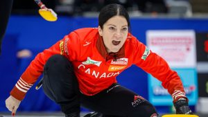 Team Canada skip Kerri Einarson directs her teammates as she plays Denmark at the World Women’s Curling Championship in Calgary, Monday, March 16, 2026. (Jeff McIntosh/CP)