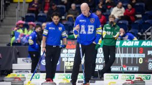 Team Alberta Vice-skip Aaron Sluchinski, left, and Skip Kevin Koe study the house during Draw 14 at the Montana's Brier Canadian men's curling championship, in St. John's, N.L., on Wednesday, March 4, 2026. (Paul Daly/CP)