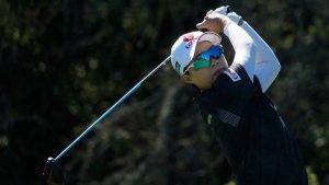 Hyo Joo Kim, of South Korea, hits from the 11th tee during the first round of the LPGA Fortinet Founders Cup golf tournament, Thursday, March 19, 2026, in Menlo Park, Calif. (Jeff Chiu/AP)