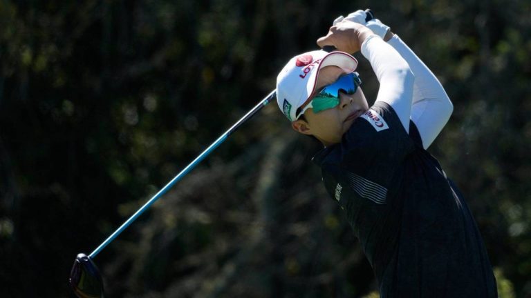 Hyo Joo Kim, of South Korea, hits from the 11th tee during the first round of the LPGA Fortinet Founders Cup golf tournament, Thursday, March 19, 2026, in Menlo Park, Calif. (Jeff Chiu/AP)