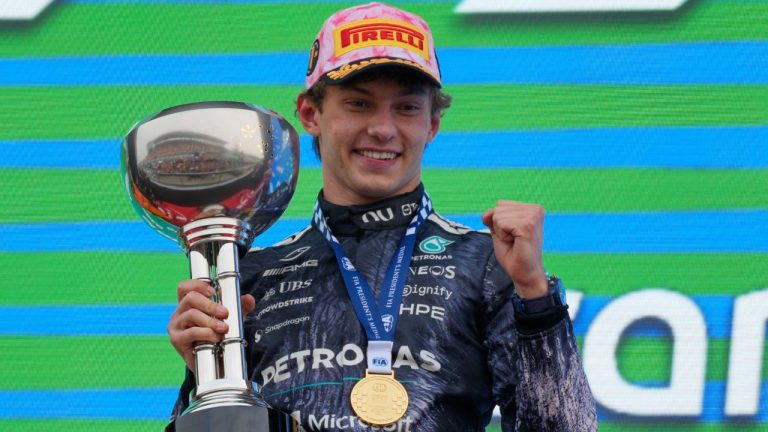 Mercedes driver Kimi Antonelli of Italy reacts on the podium after winning the Japanese Formula One Grand Prix at Suzuka in central Japan, Sunday, March 29, 2026. (Eugene Hoshiko/AP)