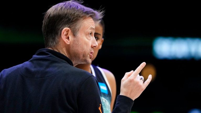 New York Liberty assistant coach Olaf Lange gives directions during the first half of a WNBA basketball game against the Seattle Storm, Tuesday, May 30, 2023, in Seattle. (Lindsey Wasson/AP)