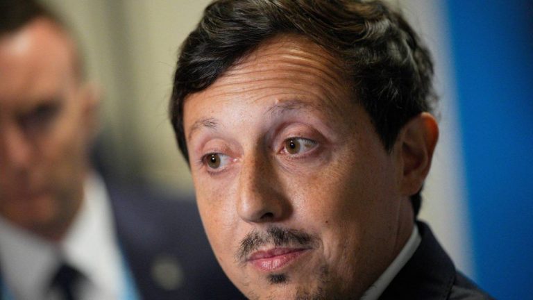 Olympique de Marseille President Pablo Longoria speaks during a news conference in Marseille, France, Sunday, Oct. 29, 2023. (Daniel Cole/AP)