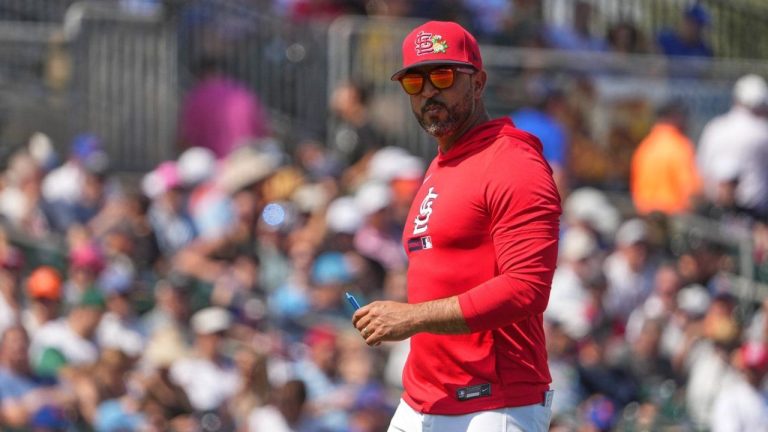 St. Louis Cardinals manager Oliver Marmol walks back from the mound after making a pitching change during the second inning of a spring training baseball game against the New York Mets Friday, Feb. 27, 2026, in Jupiter, Fla. (Jeff Roberson/AP)