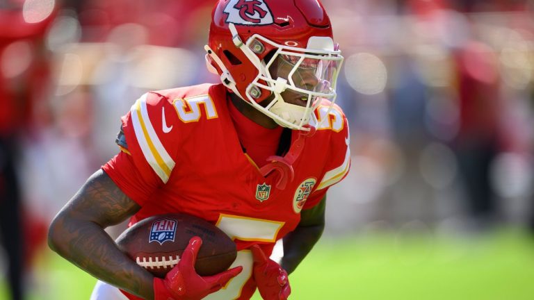 Kansas City Chiefs wide receiver Marquise Brown makes a catch during warmups before an NFL football game against the Baltimore Ravens, Sunday, Sept. 28, 2025 in Kansas City, Mo. (Reed Hoffmann/AP)